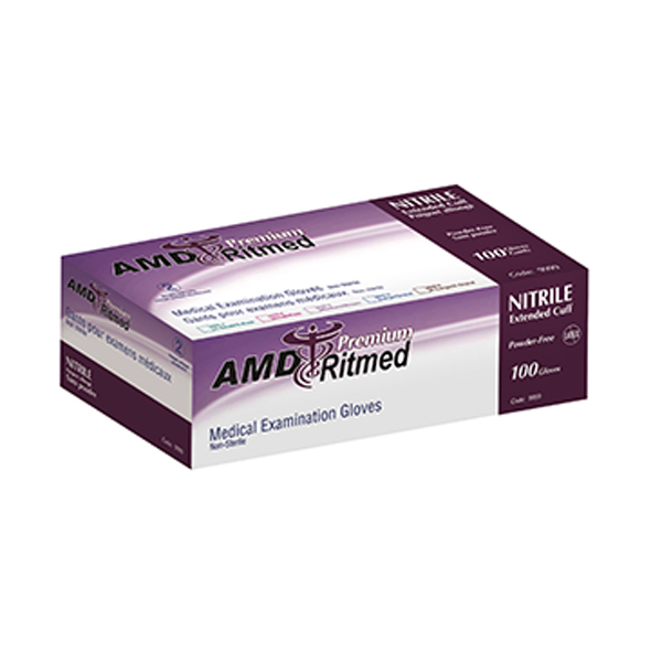 Blue AMD 3mil powder free nitrile 6,3g glove - Extended cuff - M - 12" - 100 per Box